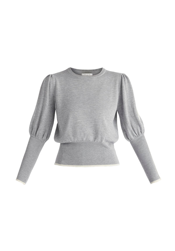 Paisie Contrast Colour Edge Knitted Top in Light Grey Cut Out